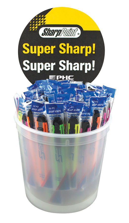COUNTER TOP DISPLAY BUCKET C/W 75 ASSORTED SNAP OFF KNIVES - BU-BK-508